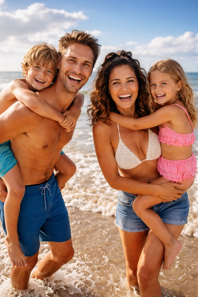 Família feliz na praia ao entardecer